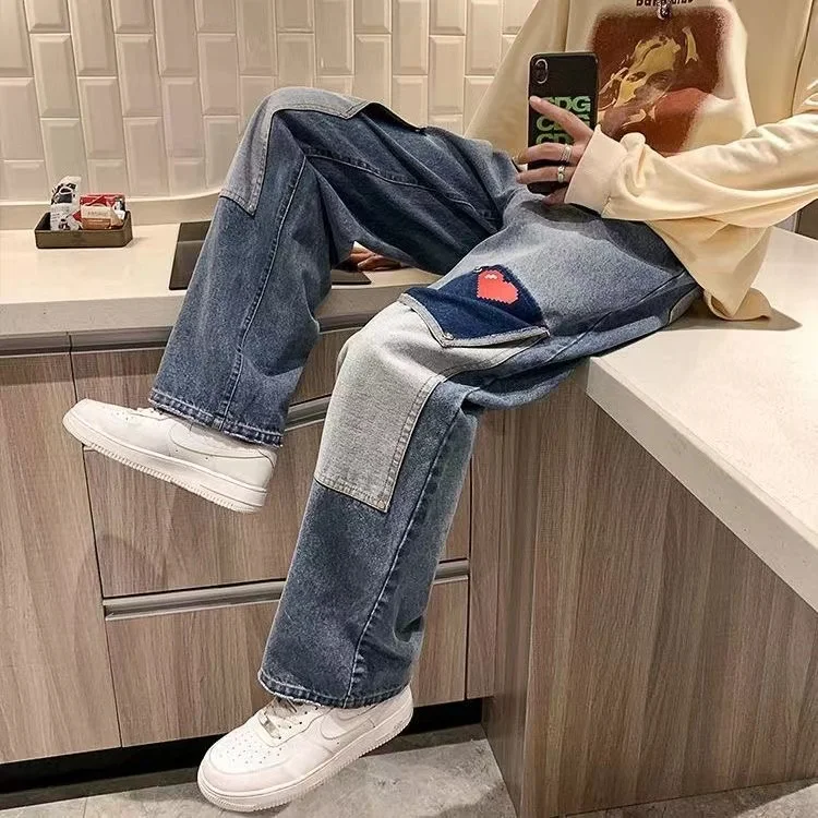 

Men Jeans Patchwork Multi-Pocket Couple Denim Pants Beggar Style cargo pants High Street Casual Male Streetwear