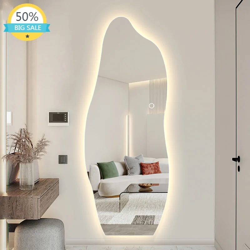 

Aesthetic Irregular Design Mirror Nordic Makeup Wall Adhesive Vanity Light Smart Mirror Dressing Table Miroir Mural Bathroom