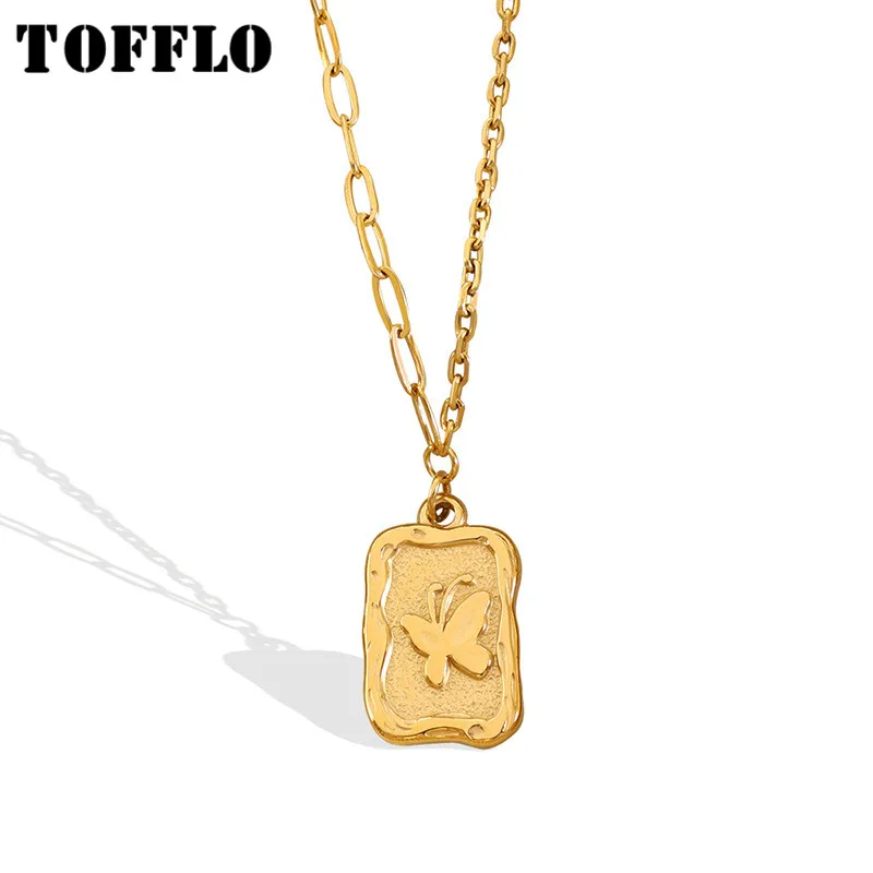 

TOFFLO Stainless Steel Jewelry Square Embossed Butterfly Pendant Necklace Gold Plated Chain Splicing Clavicle Chain BSP324