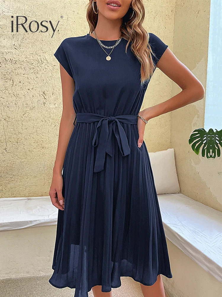 Summer Midi Pleated Dresses for Women Elegant Dinner Party Short Flying Sleeve Elastic Waist Dress with Belt Office Lady Clothes
