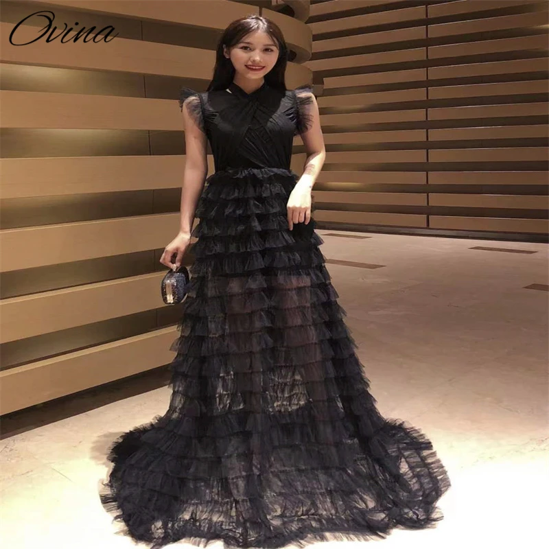 

Women Lace Up O Neck Dress 2022 Sexy Sleeveless Lace Ruffle Multilayer Design Black Long Skirt Temperament Evening Party