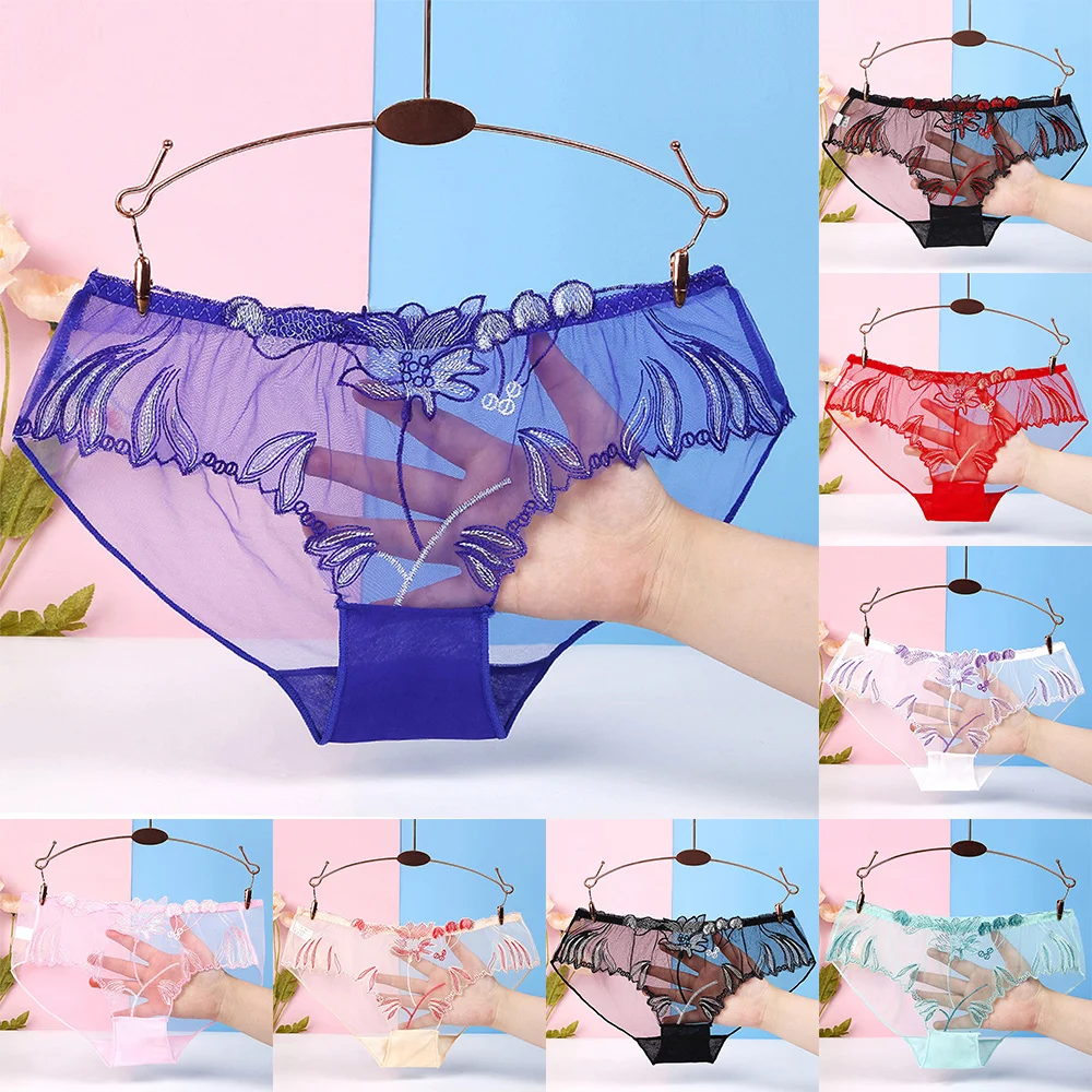 

Women's Sexy Underwear Perspective Low Waist Triangle Shorts Lingeries See Through Lace Ultra-thin Breathable Floral Briefs