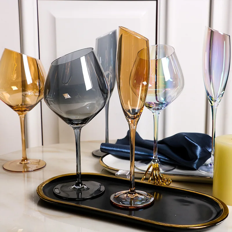 

Home Oblique Cutting Wine Glasses Series Colorful Ash Amber Glase Wine Glass Tall Champagne Restaurant Glass Wine Glass