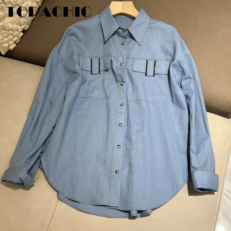 

6.26 High Quality Linen Beading Chain Pocket Decoration Long Sleeve Loose Casual Shirt Women