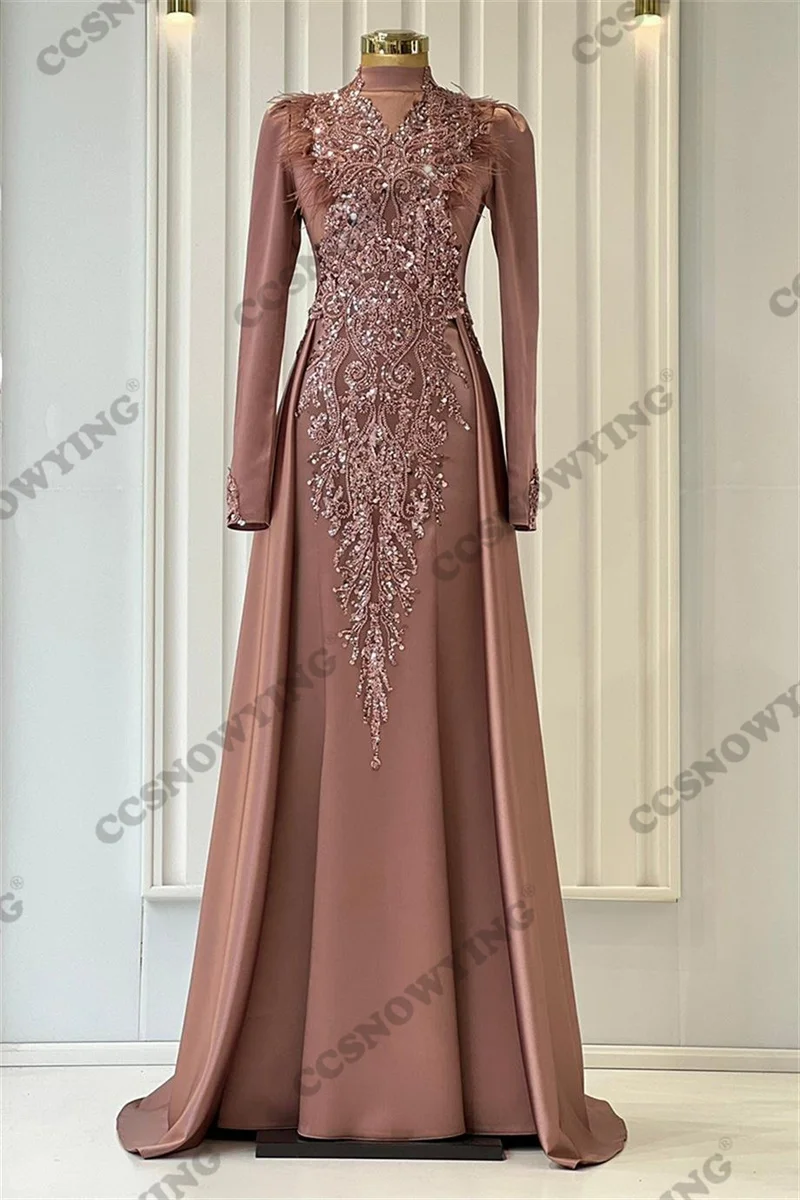

Мусульманские Вечерние платья с длинным рукавом, исламский хиджаб, официальное женское платье, Арабский кафтан, атласное платье с аппликацией и перьями, вечернее платье