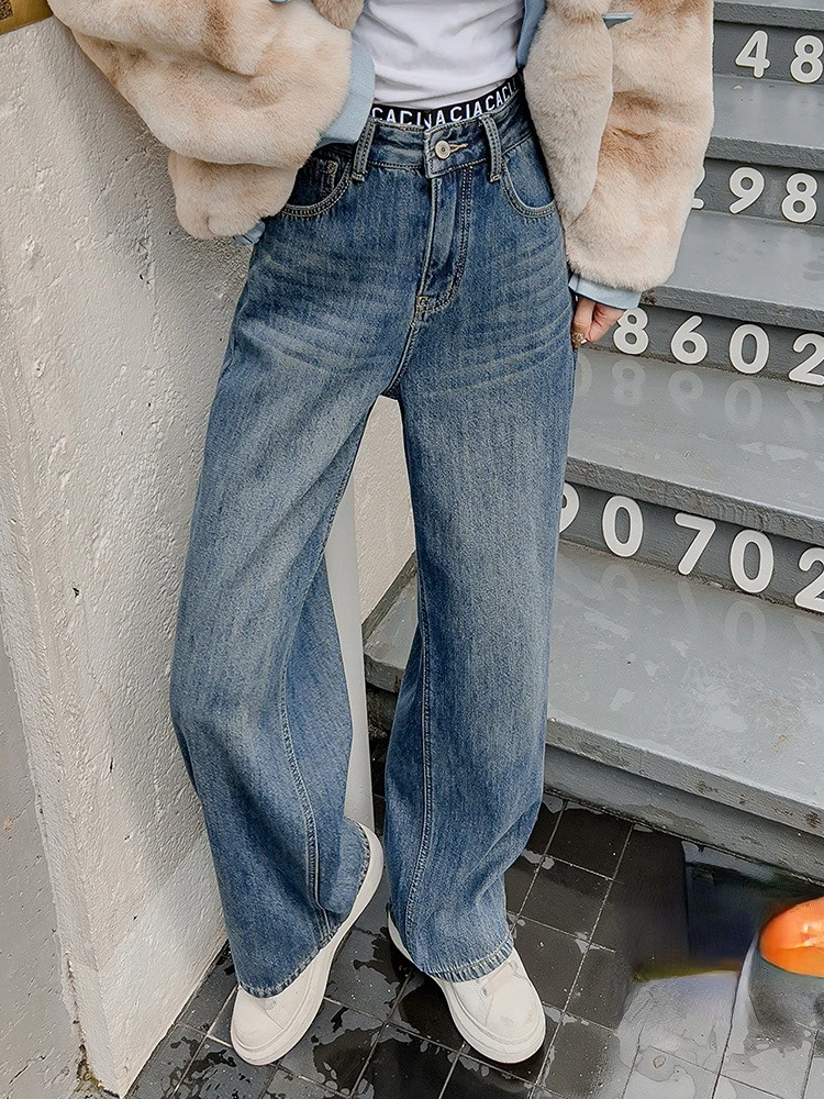 High Waisted Wide Leg Jeans Women Clothing Letter Splicing Straight Tube Loose Fitting Slim Denim Pants Korean Version Trousers