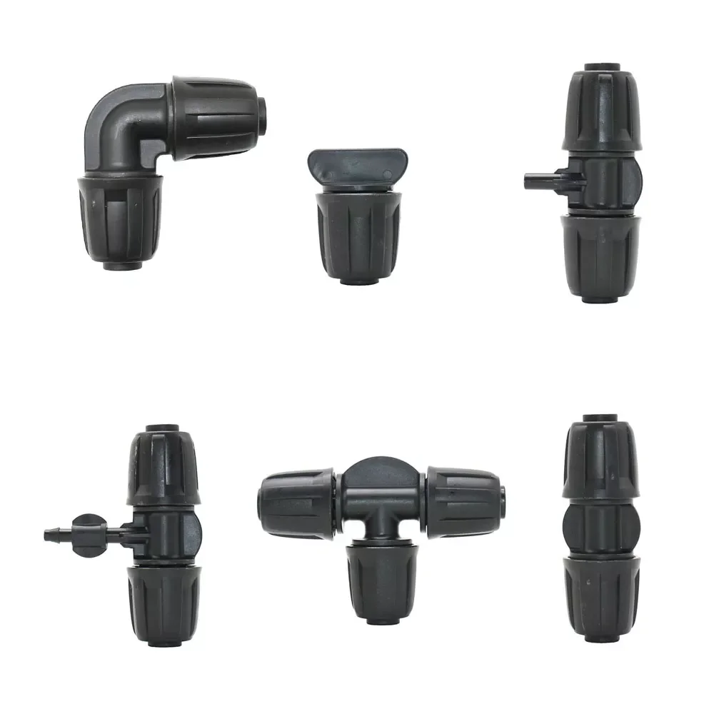 

NEW2023 16mm PE Pipe Tee Elbow Straight End Plug Connector Lock Nuts Garden Water Coupling 1/2'' Pipe 4/7mm Hose Fitting