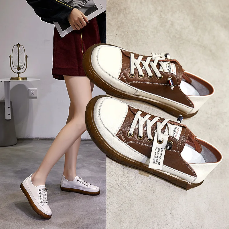 Loafer Shoes Woman Spring 2023 New First Layer Cowhide Low Top Little White Shoes Woman Vintage Soft Soled Student Single Shoes