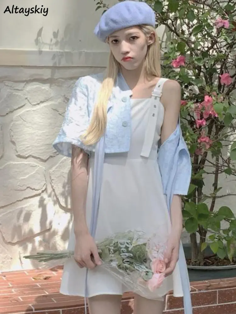 

Women Sets Blouses Bandage Design Fashion All-match Mini Dress A-line Solid Tender Casual Sweet Young Vestidos Students Simple