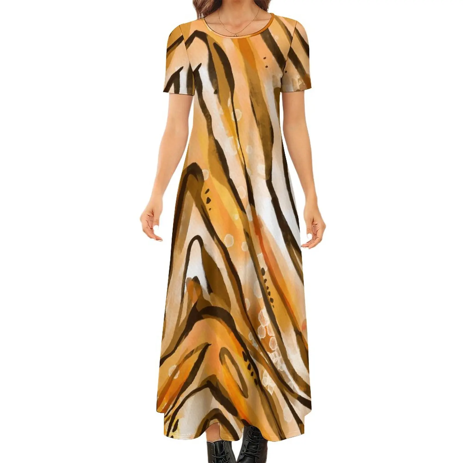 

Женское длинное платье с леопардовым принтом и круглым вырезом