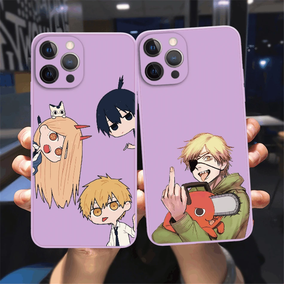 

Hot Anime Chainsaw Man Phone Case For iPhone 11 12 13 Pro Max X XR XS MAX X 8 7 Plus 13Mini Purple liquid soft Candy colors case