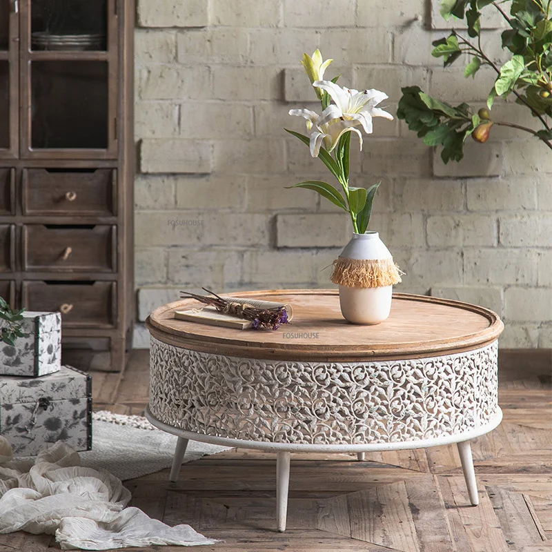 

Modern Round Coffee Table Solid Wood Retro Low Table Home Furniture Modern Minimalist Designer Living Room Sofa Side Table