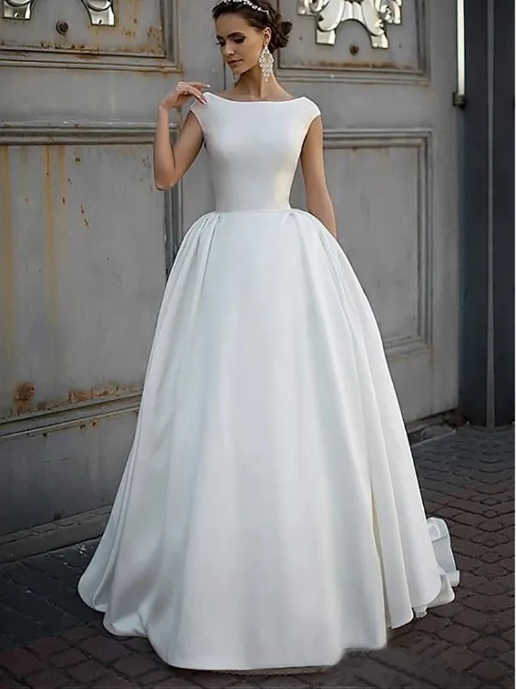 

Женское сдержанное свадебное платье, Белое Атласное ТРАПЕЦИЕВИДНОЕ свадебное платье со шлейфом и круглым вырезом, свадебные платья с рукавами-крылышками, бесплатная доставка