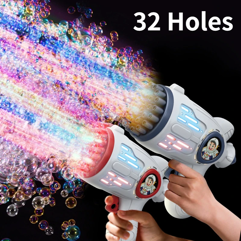 32 Holes Children Bubble Machine Toys LED Light Astronaut Shape Electric Automatic Soap Bubbles Gun for Kids Outdoor Toys Gifts