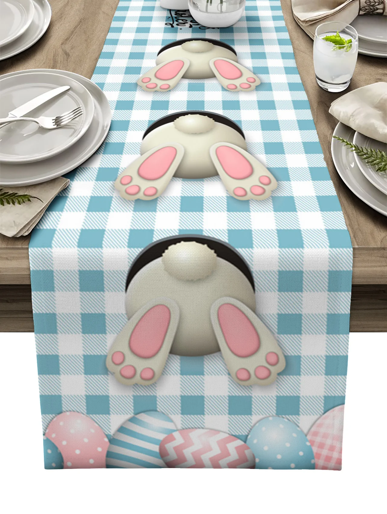 

Easter Decor 2023 Easter Bunny Egg Blue Check Table Runner Wedding Party Decoration Kitchen Dining Table Mat Napkin Home Decor