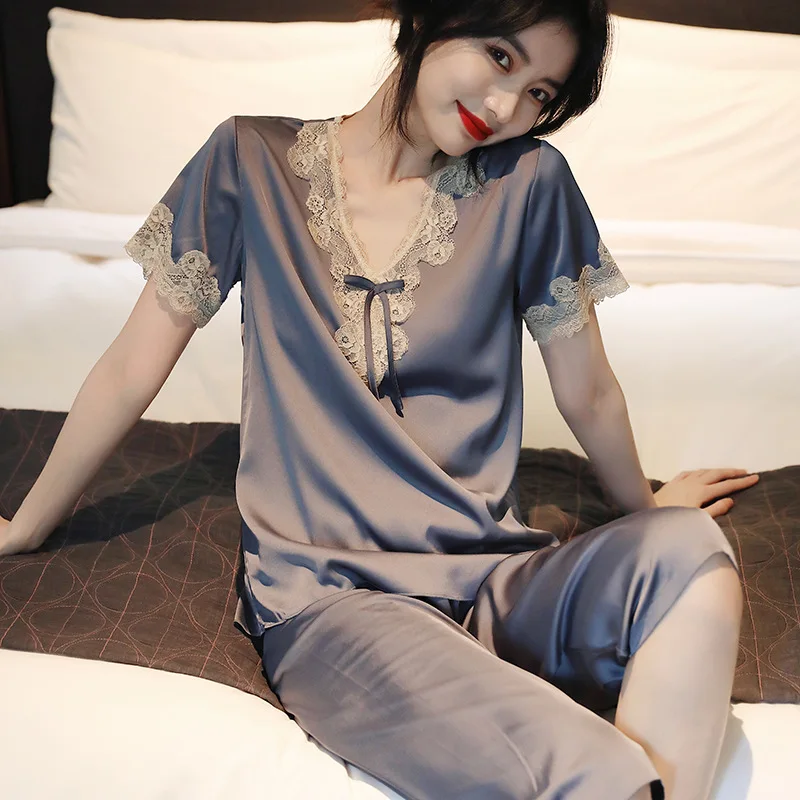 

Women's Pajamas Satin Sets Imitation Silk Sleepwear Lace V-neck Short Sleeve 2-Piece Loungewear Pijamas Feminino Luxo Summer New