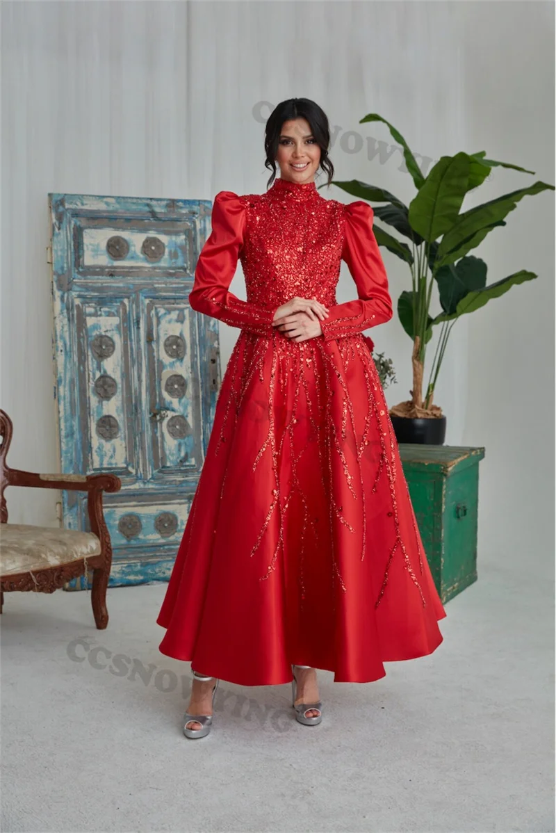 

Red Stain Sequin Muslim Evening Dress Long Sleeve High Neck Prom Formal Party Gown Arabic Dubai Women A Line Moroccan Caftan