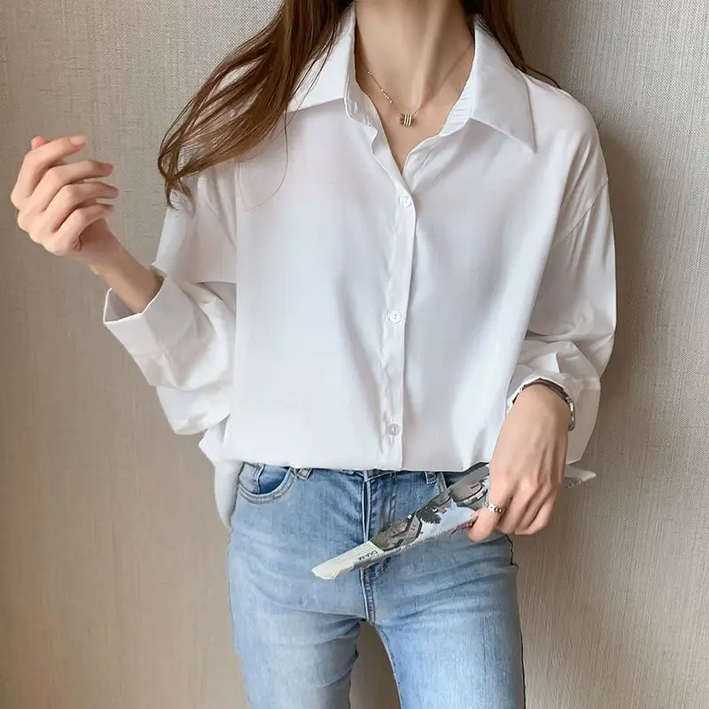 Spring New White Chiffon Shirt Ladies Loose Vintage Outer Wear Solid Long Sleeve Versatile Blouses Office Fashion Women Clothing