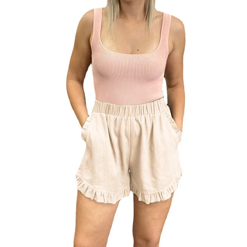 Fashion Versatile Summer Women's Shorts New Casual Elastic High Waist Loose Cotton and Linen Wide Leg Pants Pocket Solid Shorts