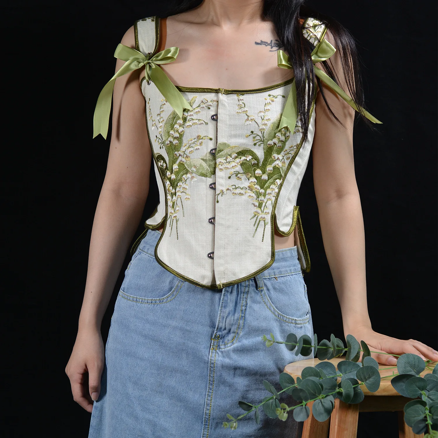 Women Corset Crop Over Bust With Straps Lace Up Vintage Lily Of The Valley Embroidery Bustiers Costume Slimming Sleeveless Tops