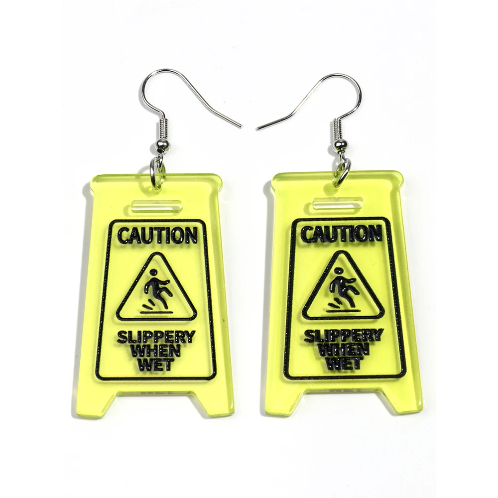 Фото Креативные серьги-подвески «Caution SLIPPERY WHEN WET» для женщин, забавные неоновые прозрачные акриловые серьги-капли с геометрическим рисунком, новые ювелирные изделия, подарки №3