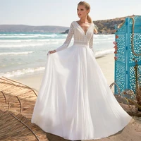 v neck chiffon beach wedding dresses 2022 long sleeves sexy backless sweep train elegant lace bridal gowns vestido de novia