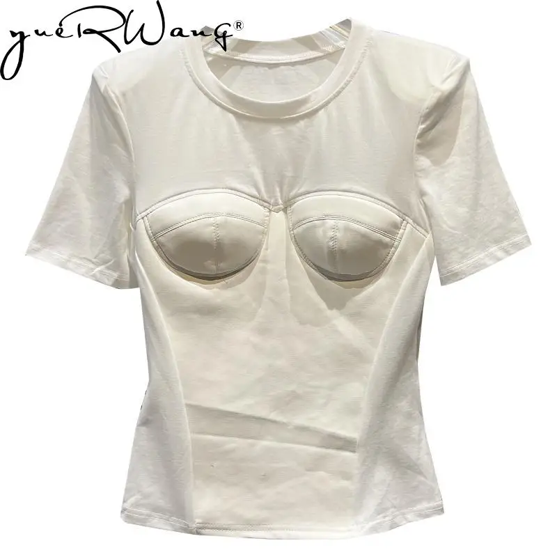 

YUERWANG Women T Shirt Short Sleeves White Tshirt Fashion Simple Elastic Slim T Shirts All Match Tee Shirt Female Top 2022 New
