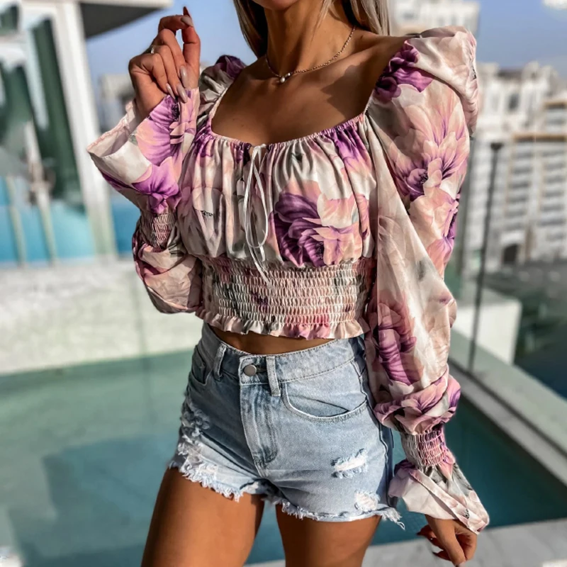 Женский укороченный топ с открытыми плечами винтажная Элегантная блузка