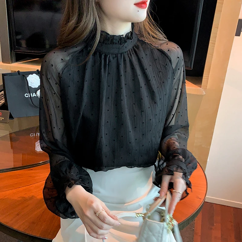 

Spring and Summer Women's Long Sleeve Casual Black Lace Mesh Ruffle Collar Solid Chiffon Shirt Womens Tops Blusas De Mujer C335