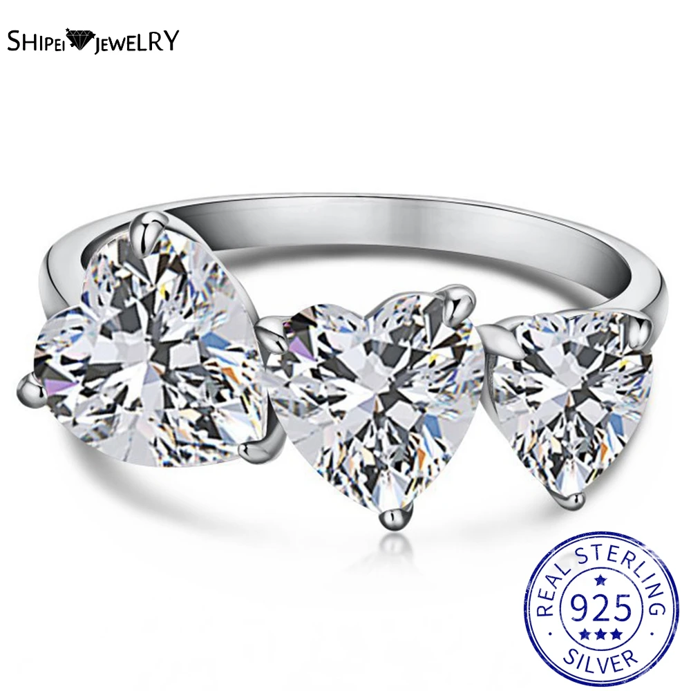 

Shipei 100% 925 Sterling Silver Three Love Heart Created Moissanite Gemstone Wedding Engagement Women Ring Fine Jewelry Gifts