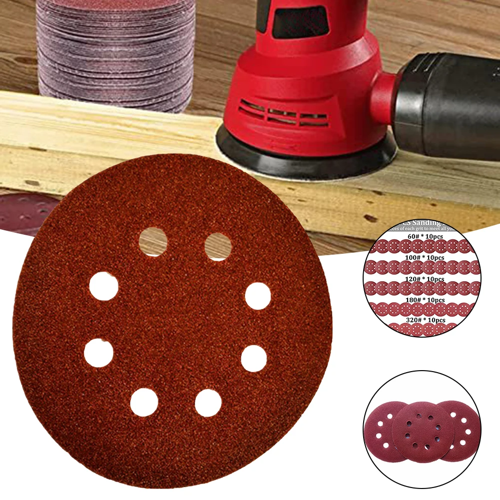 

50pcs 5 Inches 8-holes Sanding Discs Multi-surface Power Sanders Hook & Loop Discs Round Polished Red Sandpaper