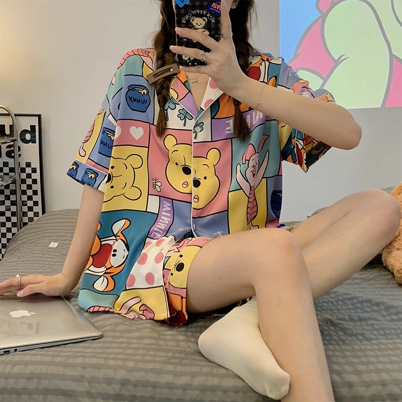 Disney Winnie the Pooh Oversized Silk Two Piece Pajamas Set for Women Summer 2023 New with Shorts Home Suit Stain Sleepwear Lady