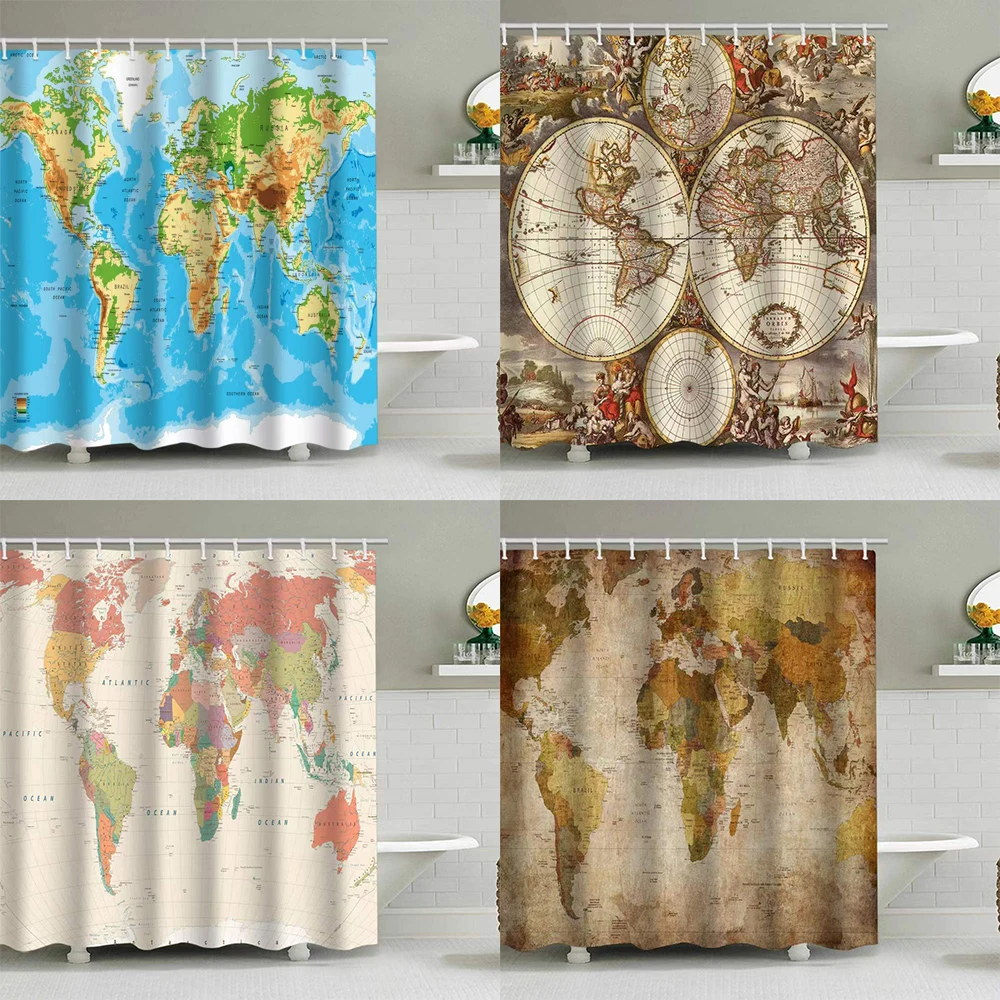 

Blue Earth Fresh Retro Curtain World Map Curtain Large 180x200cm 3D Bathtub Single Print Waterproof Polyester Bathroom Decor
