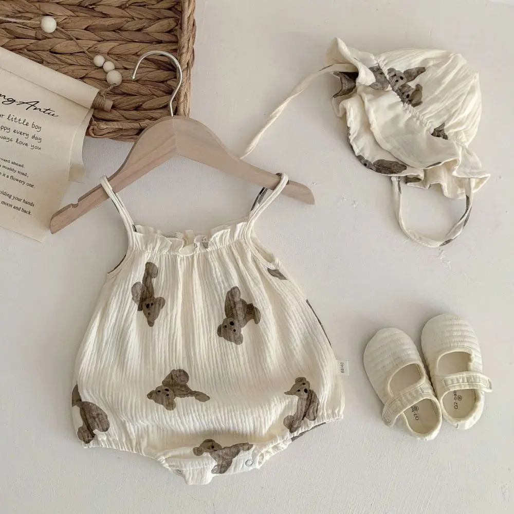 

Newborn Infant Baby Boy Girl Bodysuit Summer Jumpsuit with Hat Striped Casual Sleeveless Backless Cute Bear Outfits Clothes