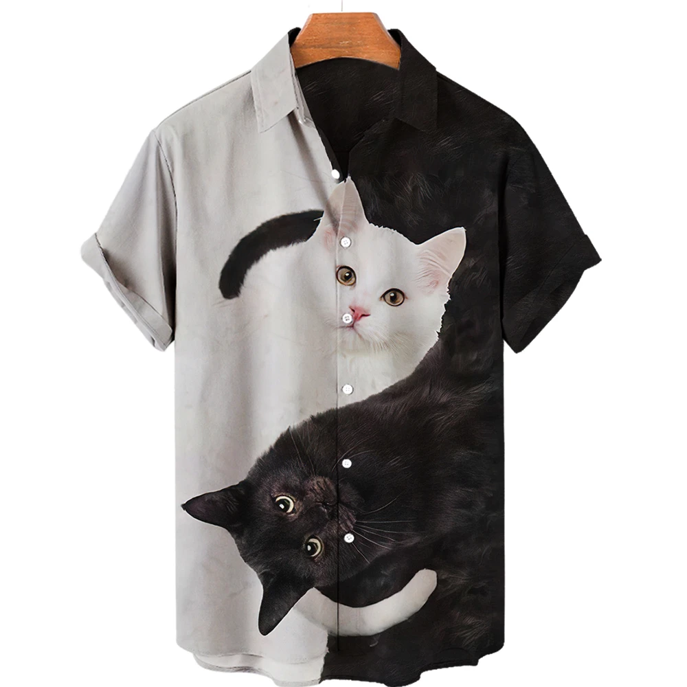 

Гавайская рубашка для мужчин, хлопок, короткий рукав, пуговицы, 3d-принт животных, милая кошка, Пляжная блуза свободного покроя, европейские р...