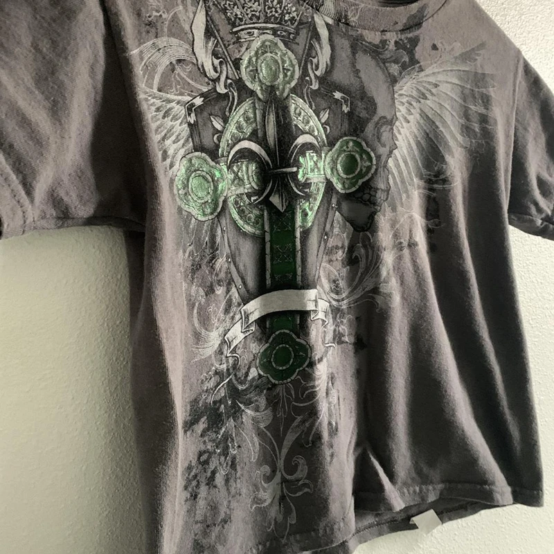 Детские футболки Mall Goth Y2K с принтом черепа и перекрестной графикой облегающая