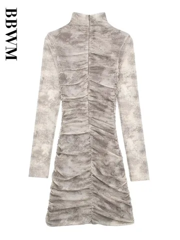 New Women 2023 Chic Print Tulle Slim Stand-up Collar Mini Dress Female Vintage Long Sleeve Folds Elegant Dresses Vestidos