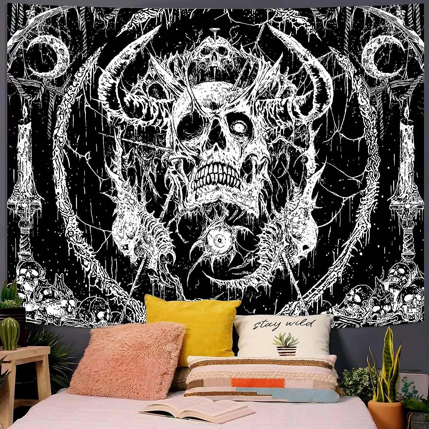 

Skull Tapestry Gothic Horror Moon Skeleton Mystic Dark Tapestries Black and White Wall Hanging for Bedroom Anime Room Decor