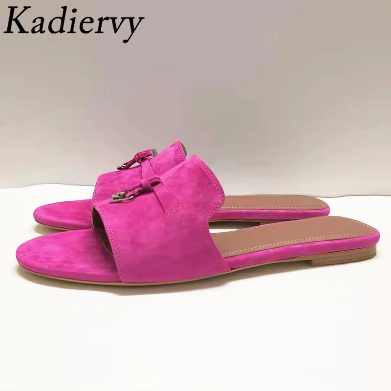 

Classic Flat Slippers Women Metal Lock Decor Open Toe Ladies Slides Shoes Kid Suede Comfy Mules Shoes Woman's Slippers Mujer