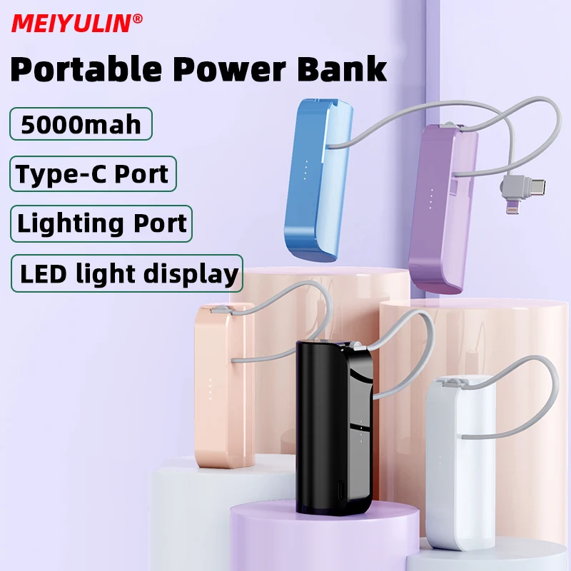 

5000mAh Portable Mini Power Bank Fast Charger Built-In Type-C Cable External Auxiliary Battery for iPhone 14 13 Samsung Xiaomi