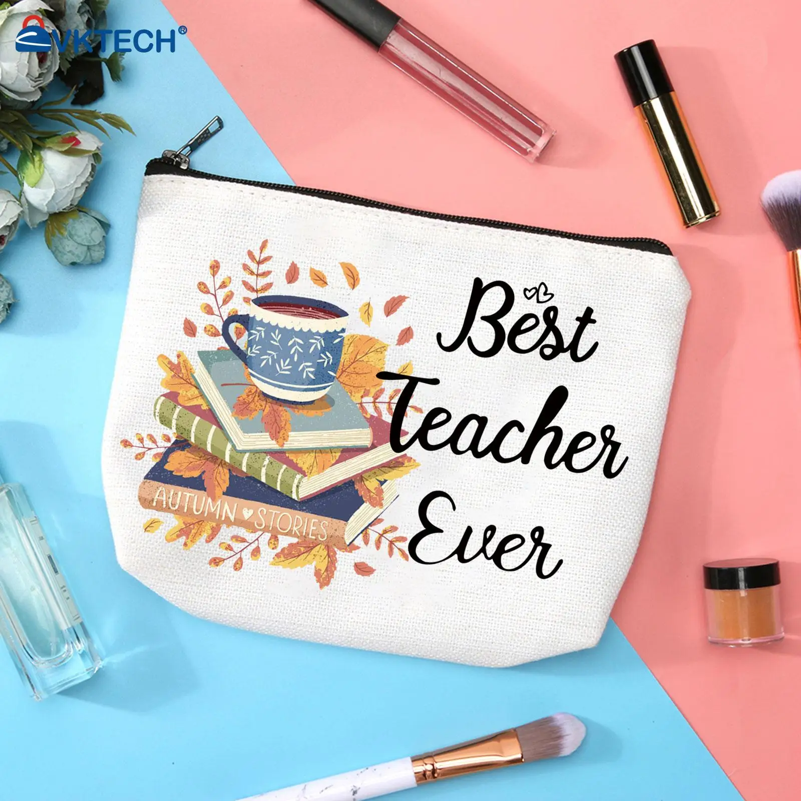 

Women Best Teacher Letters Cosmetic Bags Large Capacity Linen Makeup Bags Zipper Casual Travel High-Quality Cotton Storage Bag