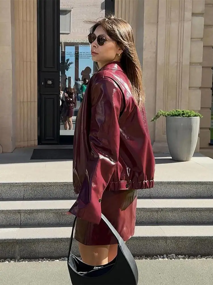 Vintage Solid Zipper Pu Leather Jacket Wine High Waist Mini Skirt 2 Piece Set New Female Autumn Streetwears