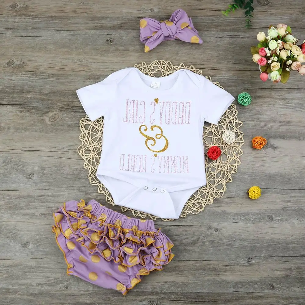 

Комплект одежды для маленьких девочек, детская одежда для девочек, комплект цвета хаки с бронзовыми буквами и кружевными шортами в горошек, одежда для маленьких девочек