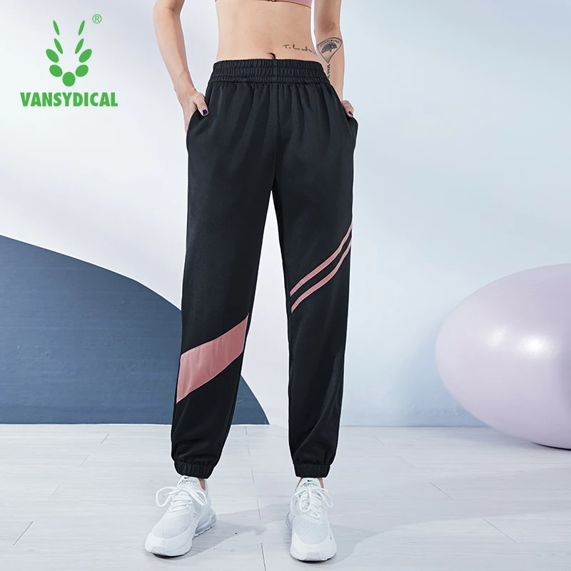 

VANSYDICAL Jogging Pant Women Striped Patchwork Running Sport Gym Long Pant Casual Elastic Waist Workout Training Trouser Female