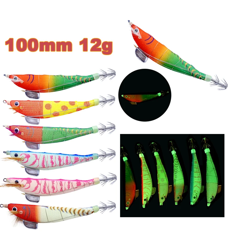 

1pc 100mm 12g Sinking Glowing Luminous Artificial Wood Shrimp Bait with Squid Jigs Hook Lifelike Simulation Fishing Lures Tackle