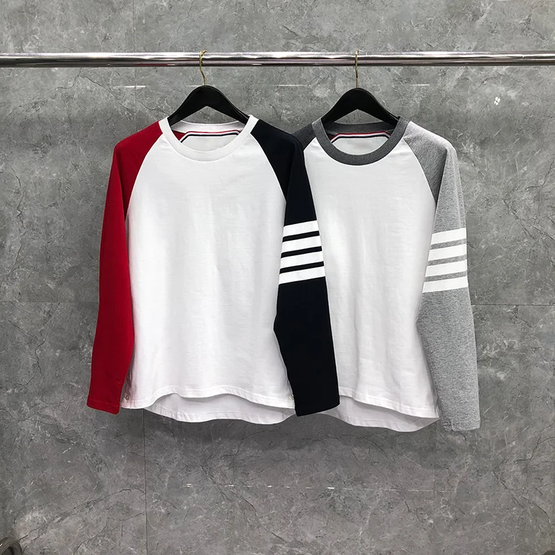 TB THOM Top Women Summer Luxury Brand Men T-Shirt Cotton Long Sleeve Patchwork Striped O-Neck Blouses Harajuku kawaii T-Shirts