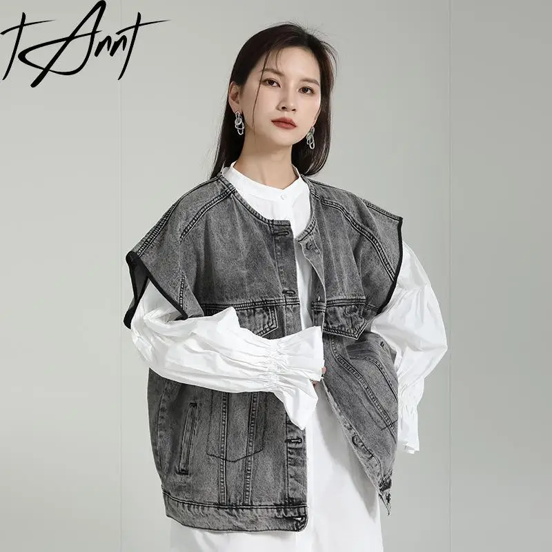 

Женский джинсовый жилет без рукавов, с круглым вырезом