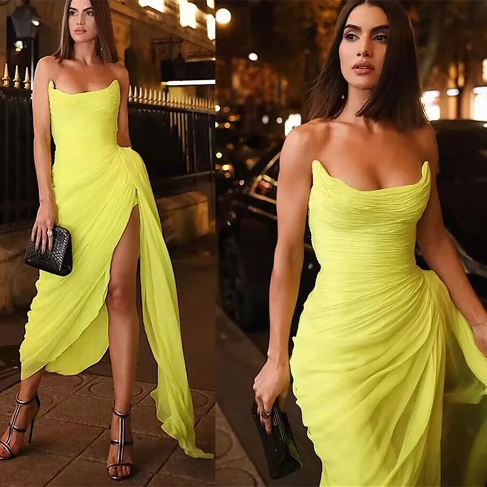 

2022 Simple Sheath Yellow Evening Dresses Long Prom Gowns Side Slit Pleat Chiffon Women Evening Dresses