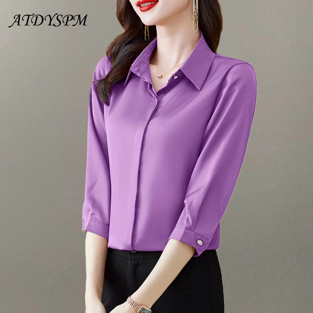 2023 Korean Fashion Women's Blouses Office Lady Simple Purple Wine White Satin Shirts Comfortable 3/4 Sleeve Silk Tops Women