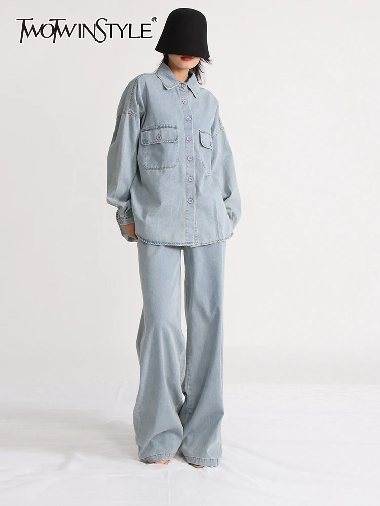 

TWOTWINSTYLE Denim Two Piece Sets For Women Lapel Long Sleeve Shirt High Waist Full Length Pant Casual Set Female Clothing 2023